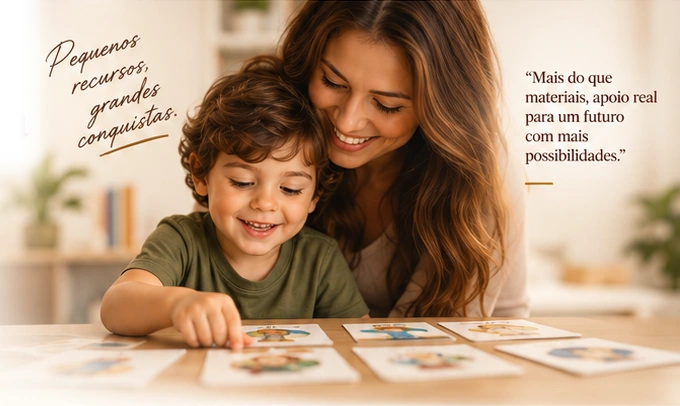 Uma mãe e seu filho compartilham uma atividade visual.